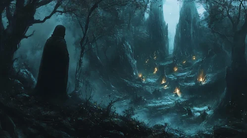 Cloaked Figure in Eerie Forest