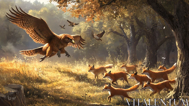 Eagle and Foxes in the Woods AI Image