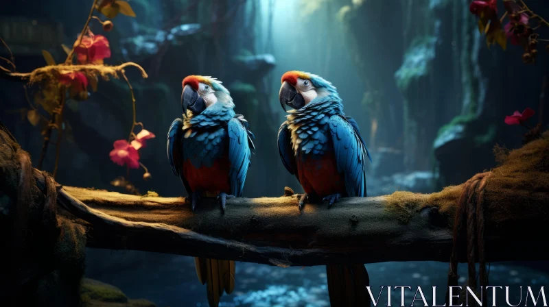 Captivating Scene of Two Blue Parrots in a Lush Forest AI Image