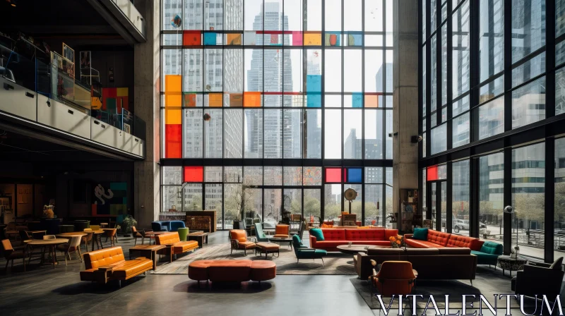 Colorful Lobby with Brutalist Architecture in New York Cityscape AI Image