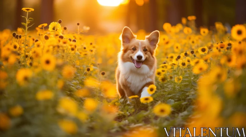 Corgi in a Sunflower Field at Sunset: A Softly Lit Portrait AI Image
