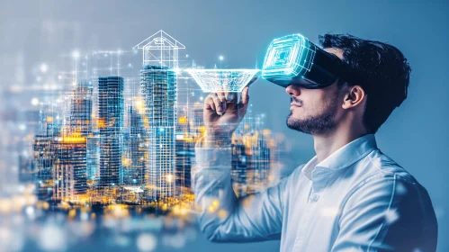 Man in VR Headset Exploring Digital City