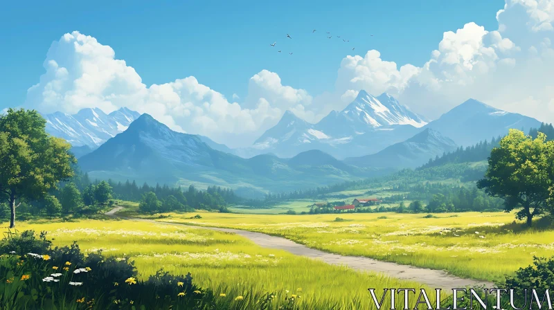 Golden Field, Mountain Vista AI Image