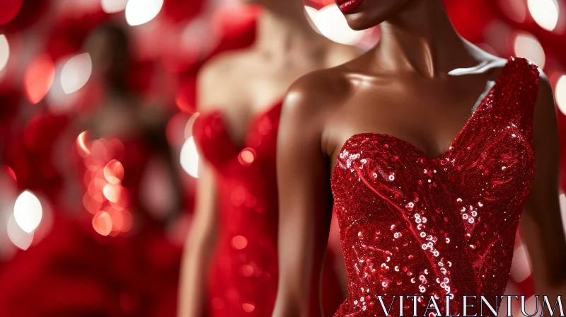 Elegant Dark-Skinned Model in Red Sequined Dress | Fashion Photography AI Image
