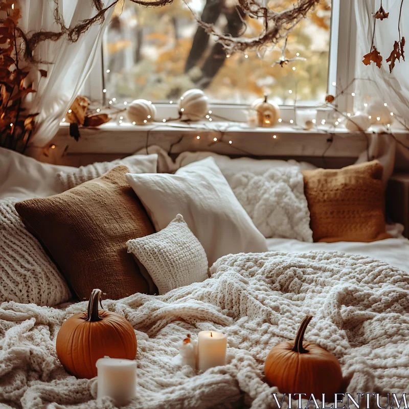 AI ART Autumnal Bed with Pumpkins and Candles