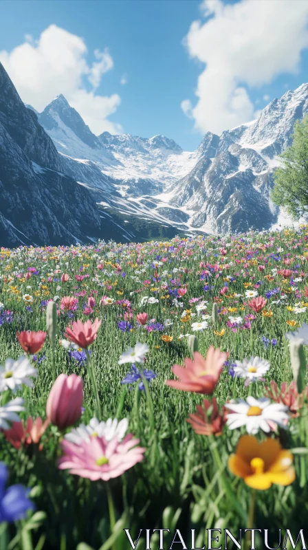 AI ART Scenic Flower Field in Mountainous Landscape