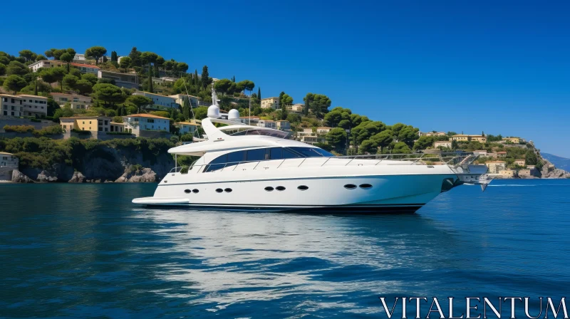 Opulent Motoryacht Sailing along the Blue Ocean with a Hill - Artwork AI Image