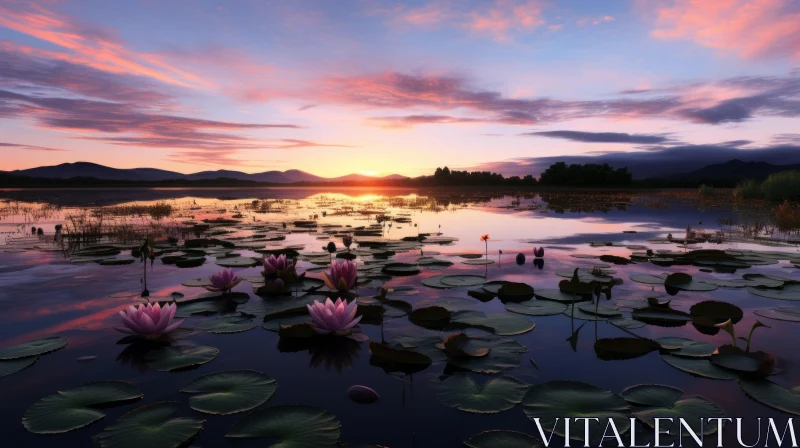 Serene Landscape of Pink Water Lilies on a Lake at Sunset AI Image