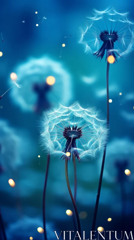 Whimsical Dandelions in Dreamlike Blue Light AI Image