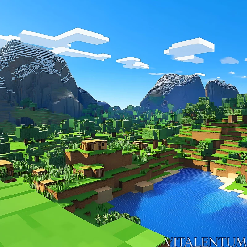 AI ART Blocky Mountain and Lake Scene