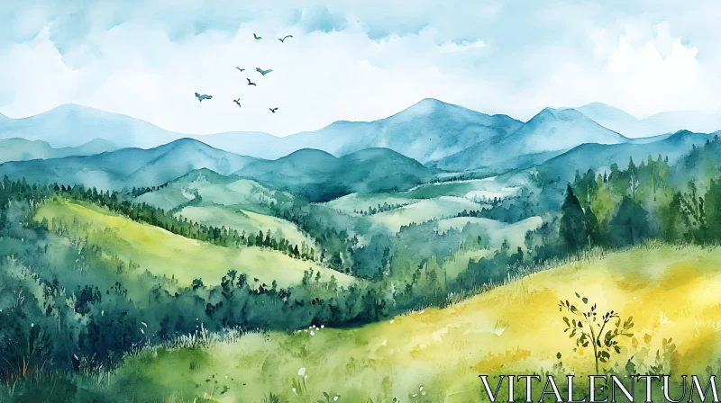 AI ART Peaceful Hills Watercolor Artwork