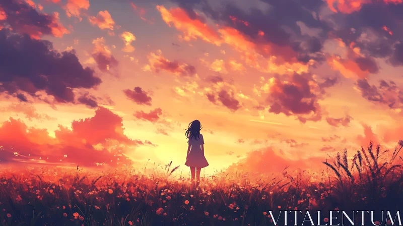 AI ART Girl in Field at Sunset Anime