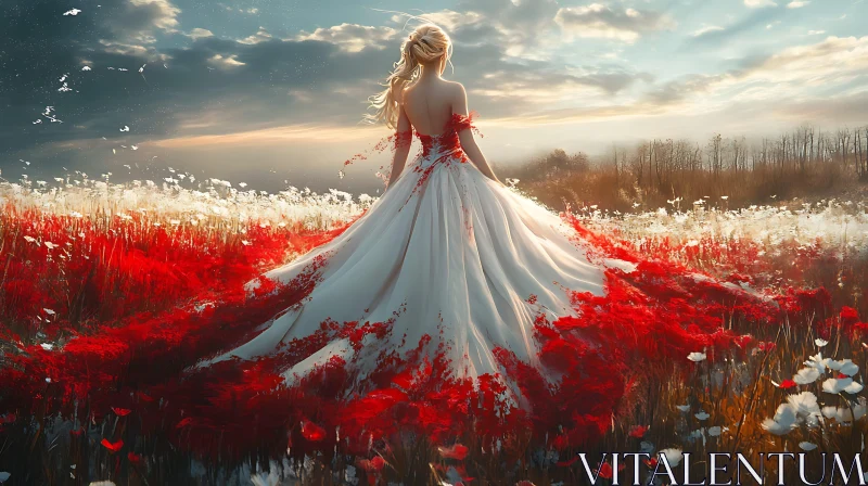 Lady in White Dress in Flower Meadow AI Image