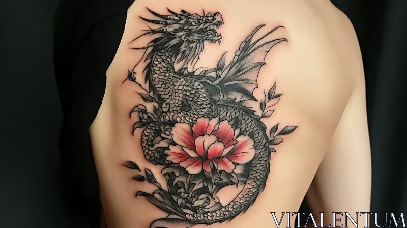 AI ART Beautiful Dragon and Flower Tattoo Design