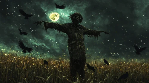 Moonlit Scarecrow Field with Dark Crows