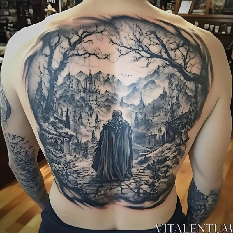 Detailed Landscape Tattoo with Fantasy Elements AI Image