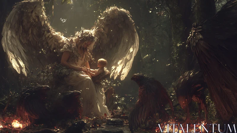 Guardian Angel with Child in Dark Woods AI Image