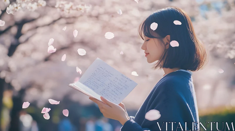 Spring Reading: Woman and Cherry Blossoms AI Image