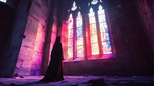 Woman in Gothic Interior with Stained Glass