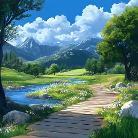 Scenic River Path Mountain View Artwork