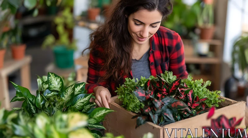 Indoor Gardening with Woman and Plants AI Image