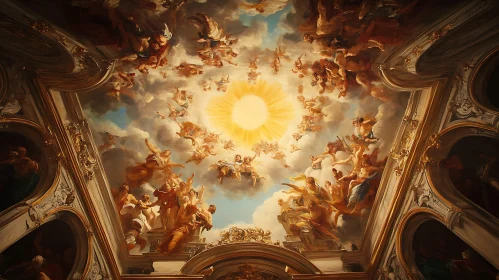 Classical Ceiling Art with Angels and Sunburst