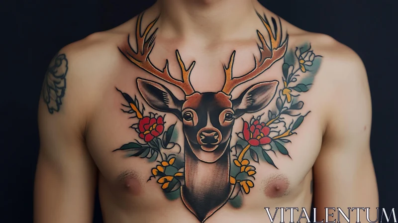 Colored Chest Tattoo of Deer with Antlers and Flowers AI Image