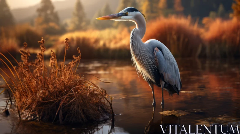 AI ART Autumn Landscape with Heron - Nature's Tranquility Captured
