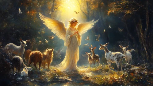 Golden Angel with Forest Animals Painting