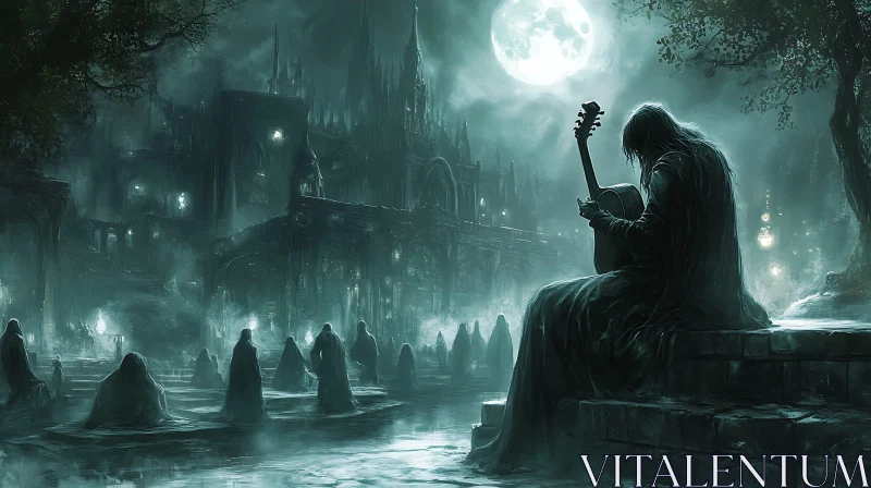 Gothic Guitar Player in Moonlight AI Image