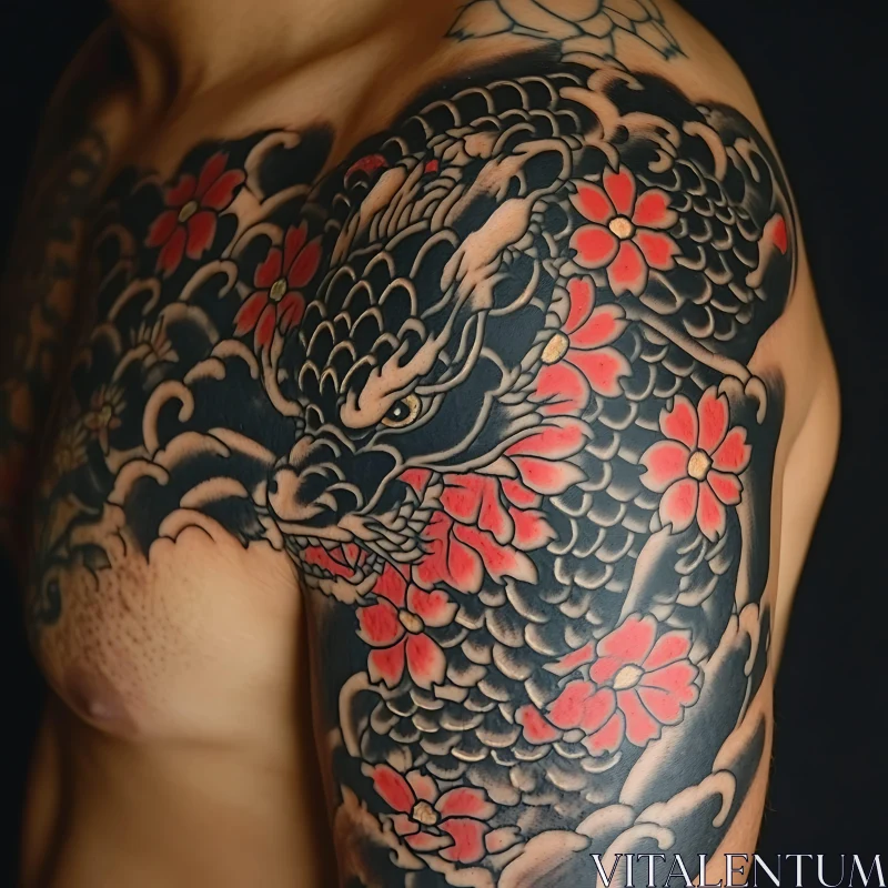 AI ART Intricate Dragon and Flower Tattoo Design