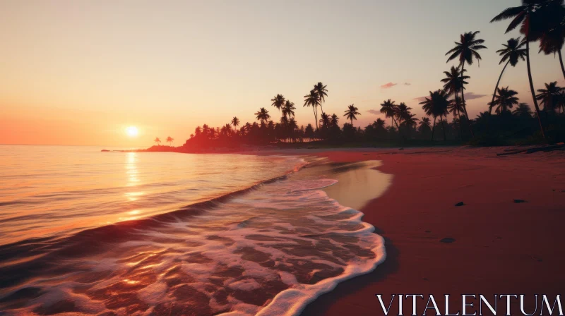Breathtaking Beach at Sunset with Palm Trees and Ocean Waves AI Image