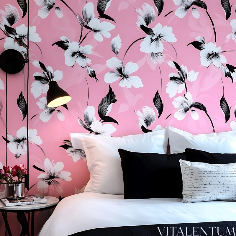 Modern Bedroom Interior with Pink Floral Wall AI Image