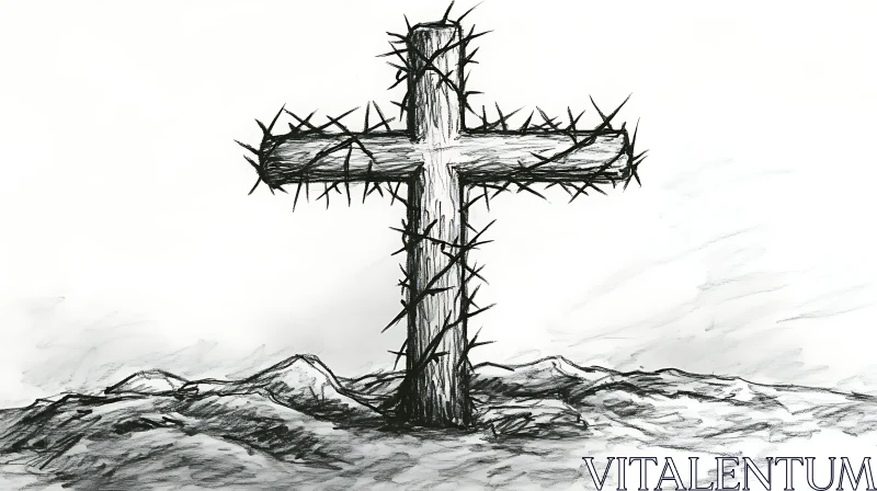 Thorn-Entwined Cross on Barren Landscape AI Image