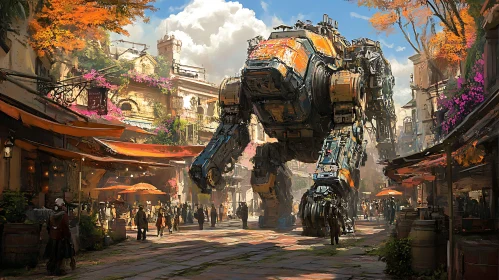 Futuristic Robot in a Bustling Town