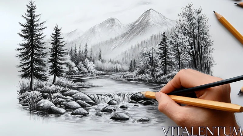 Hand-Drawn Mountain Scenery with River and Pine Trees AI Image