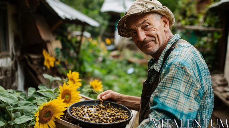 Man Harvesting Sunflower Seeds AI Image