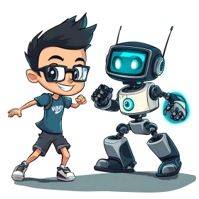 Cartoon of Boy Interacting with Robot