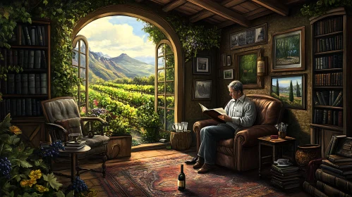 Man Reading in Cozy Vineyard Room