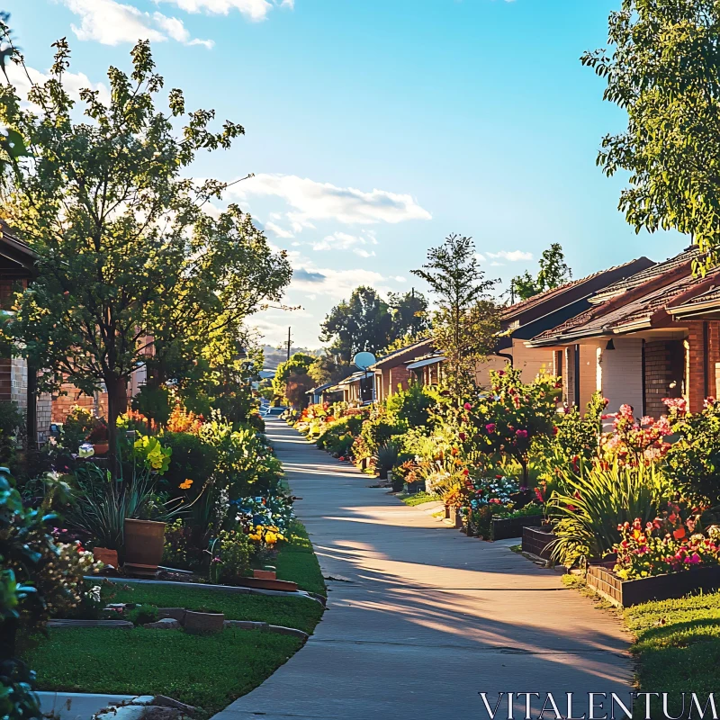 Picturesque Street with Houses and Flowers AI Image