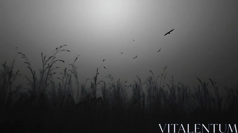 AI ART Birds Silhouettes in Misty Meadow