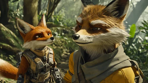 Anthropomorphic Foxes in Forest Setting