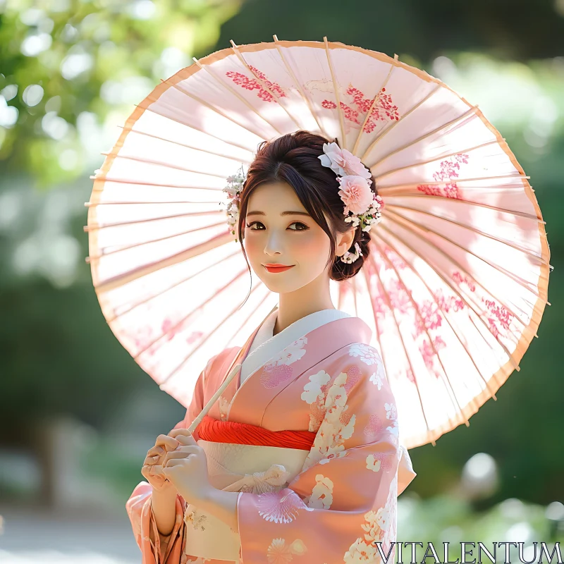 Pink Kimono Beauty with Floral Details AI Image