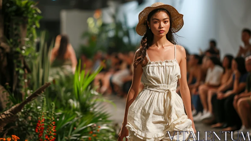 Fashion Model in White Dress and Straw Hat Walking on Runway AI Image