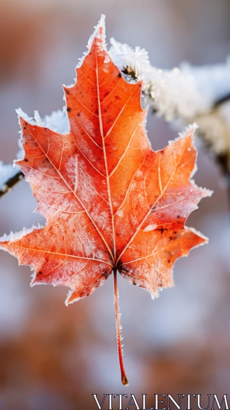 Frosted Maple Leaf in Crimson - A Winter's Tale AI Image