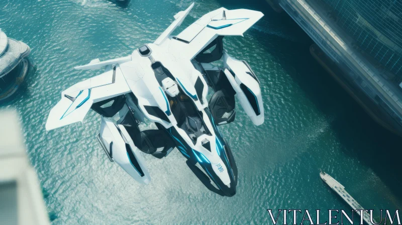 Futuristic Airplane Over Water - A Vision in Teal and White AI Image