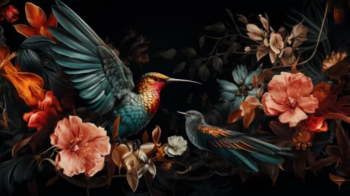 Hummingbird and Flowers: A Detailed Mural in Cyan and Amber