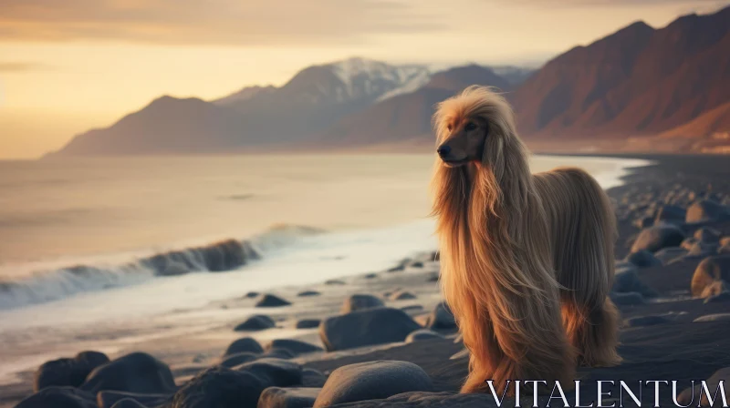 Long-haired Dog in Romantic Seascape - Golden Light Exotic AI Image