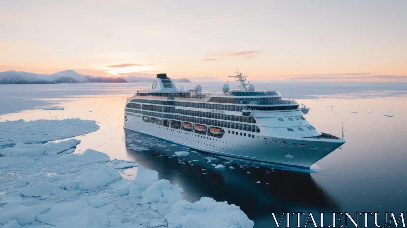 Luxurious Cruise Ship Sailing Through Icy Waters at Sunrise AI Image