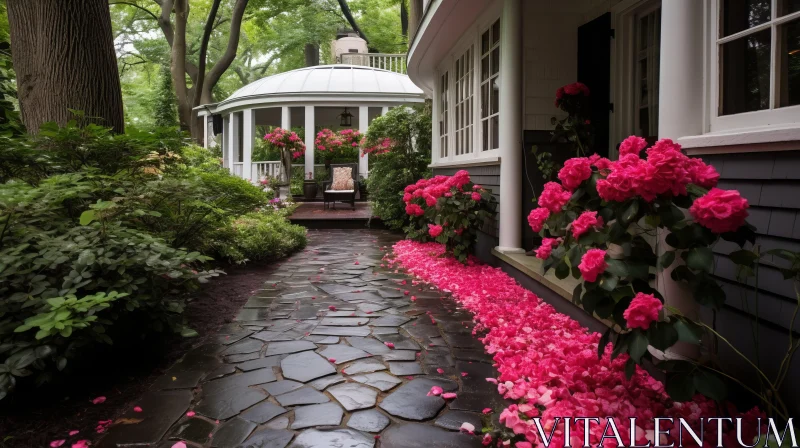 Romantic Pathway with Blooming Roses: A Tranquil Home Scene AI Image